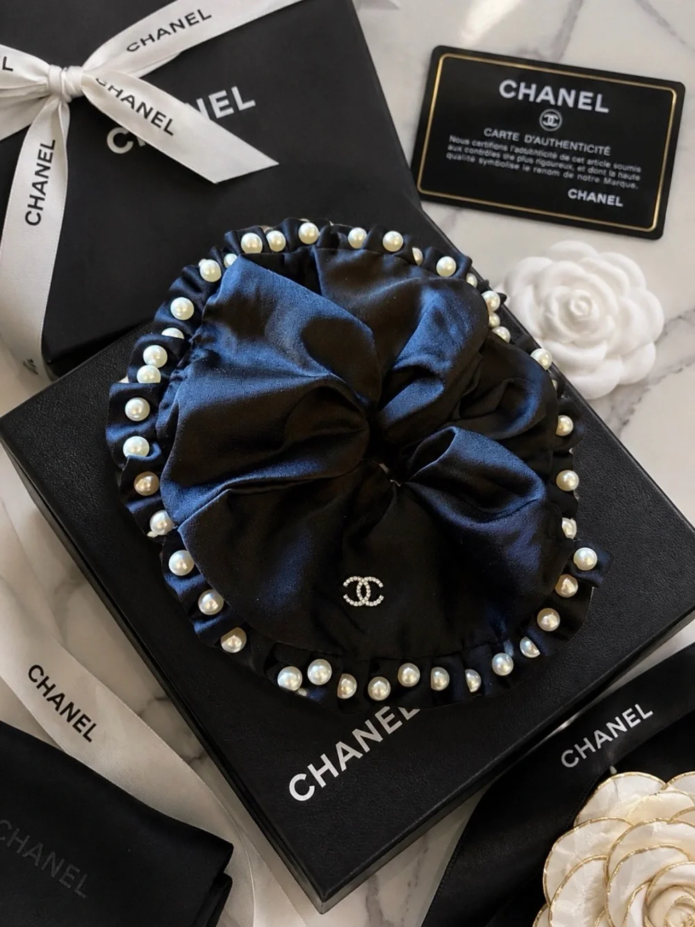 CHANEL Black Satin Pearl-Trim Scrunchie with CC Accent
